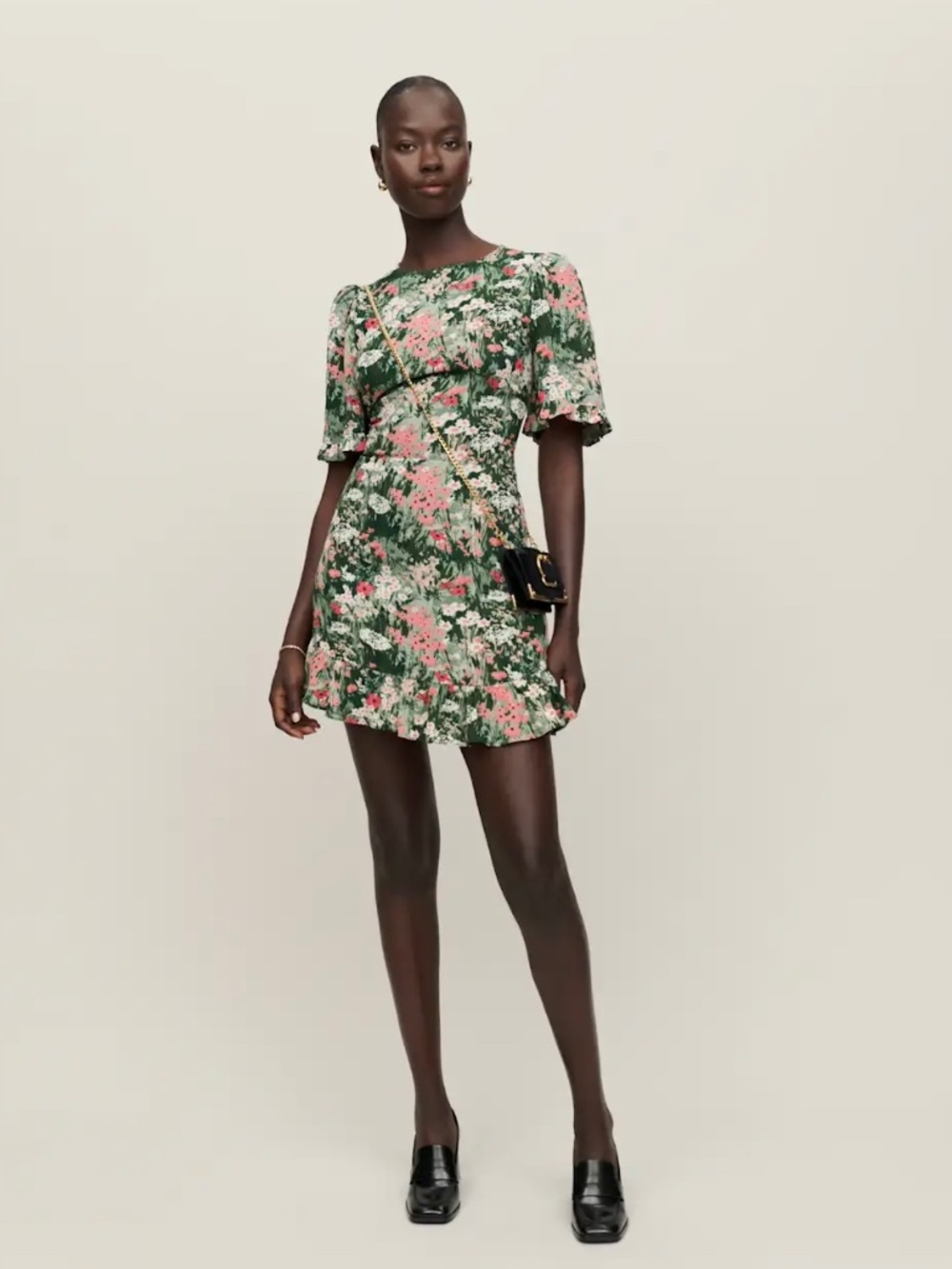 Reformation green floral print mini dress